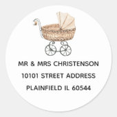 Baby shower Sepia  Speelgoed Buggy Adres Ronde Sticker (Voorkant)