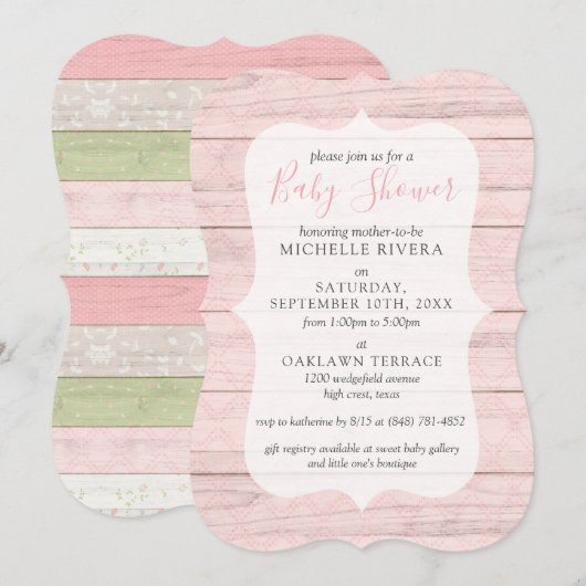 Baby shower Shabby Pink & Sage Green Rustic Wood I Kaart (Voorkant / Achterkant)
