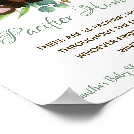 Baby shower Sign Pacifier Hunt Game Red Panda Beer Poster (Hoek)