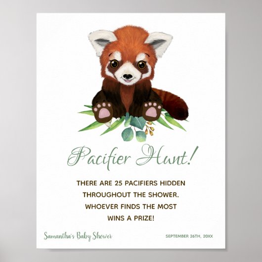 Baby shower Sign Pacifier Hunt Game Red Panda Beer Poster (Voorkant)