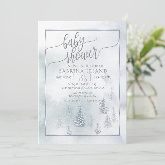 Baby Shower | Silver Blue Winter Wonderland Aankondiging (Staand voorkant)
