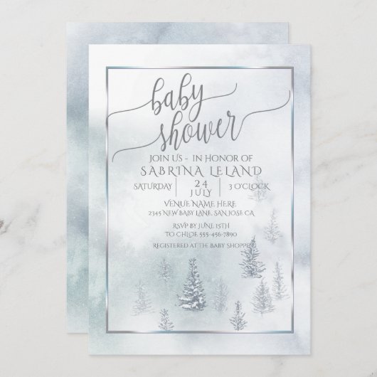 Baby Shower | Silver Blue Winter Wonderland Aankondiging (Voorkant / Achterkant)