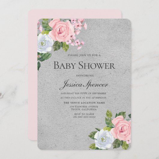 Baby shower Silver & Blush Flowers Kaart (Voorkant / Achterkant)