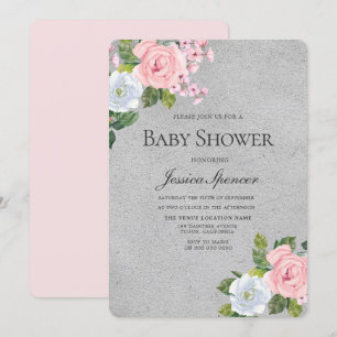 Baby shower Silver & Blush Flowers Kaart