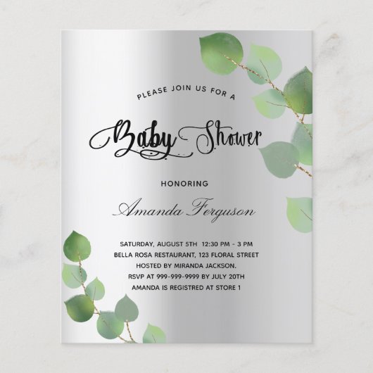 Baby shower Silver Eucalyptus-begrotingsuitnodigin (Voorkant)