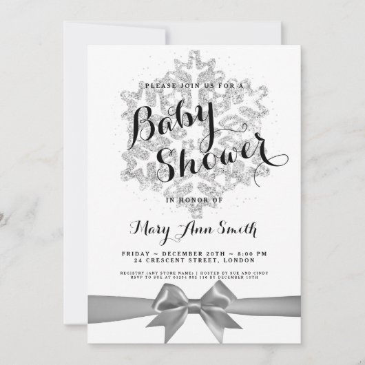 Baby shower Silver Glitter Snowflake Ribbon Kaart (Voorkant)