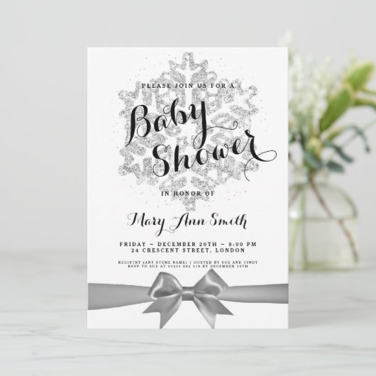 Baby shower Silver Glitter Snowflake Ribbon Kaart (Staand voorkant)