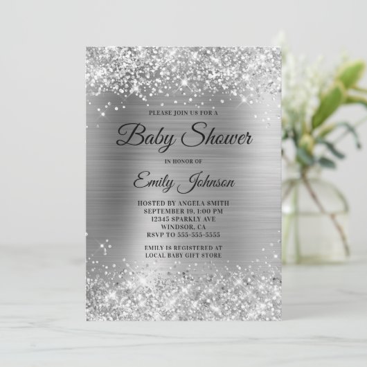 Baby shower Silver Glittery Folie Fancy Script Kaart (Staand voorkant)