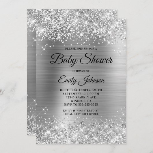 Baby shower Silver Glittery Folie Fancy Script Kaart (Voorkant / Achterkant)