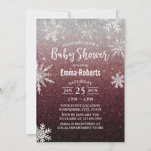 Baby shower Silver Snowflake Burgundy Red Glitter Kaart (Voorkant)