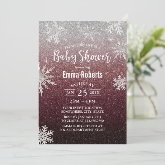 Baby shower Silver Snowflake Burgundy Red Glitter Kaart (Staand voorkant)