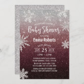 Baby shower Silver Snowflake Burgundy Red Glitter Kaart (Voorkant / Achterkant)