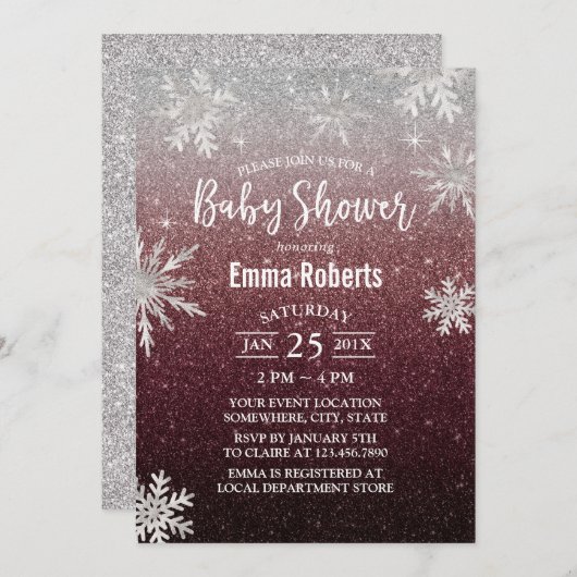 Baby shower Silver Snowflake Burgundy Red Glitter Kaart (Voorkant / Achterkant)