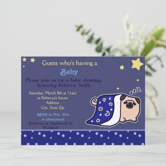 Baby shower - Sleeping Pug Kaart (Staand voorkant)