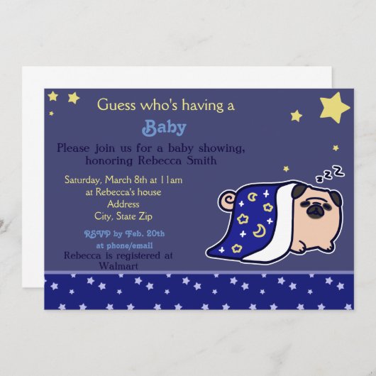 Baby shower - Sleeping Pug Kaart (Voorkant / Achterkant)