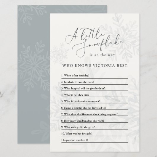 Baby shower sneeuwvlokquiz seksneutraal (Voorkant / Achterkant)