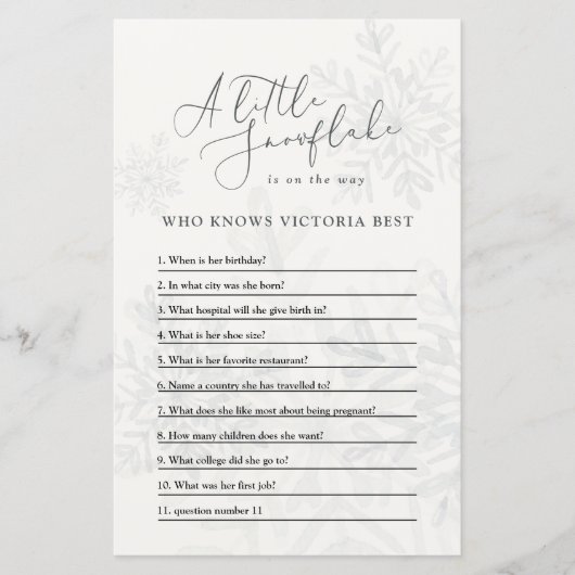 Baby shower sneeuwvlokquiz seksneutraal (Voorkant)