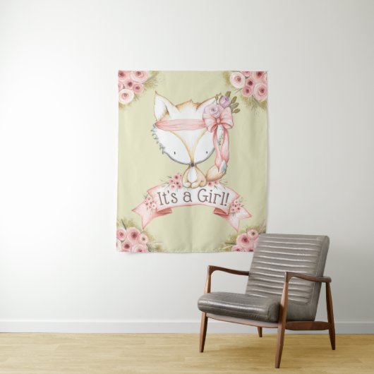 Baby Shower Spandoek met Vosje Wandkleed (In situ)