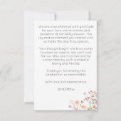 Baby shower speciale leverende vederbloemen bedankkaart (Achterkant)