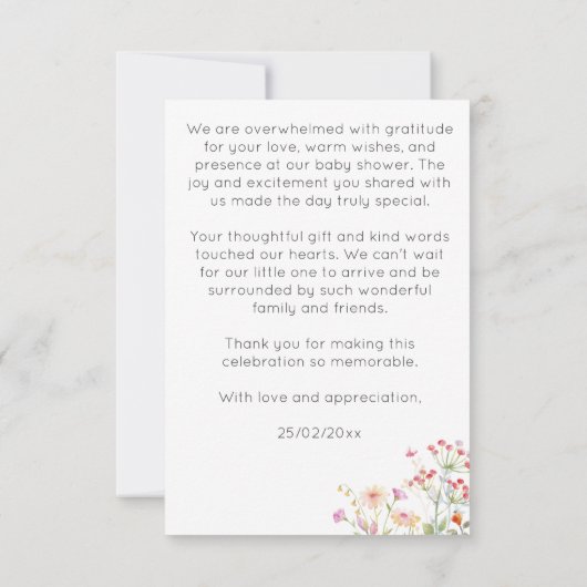 Baby shower speciale leverende vederbloemen bedankkaart (Achterkant)