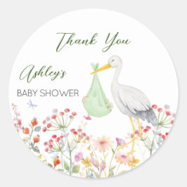Baby shower speciale leverende vederbloemen ronde sticker