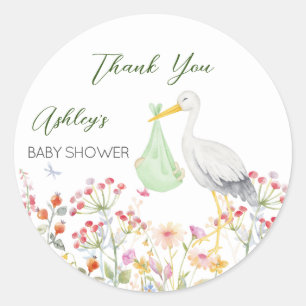 Baby shower speciale leverende vederbloemen ronde sticker
