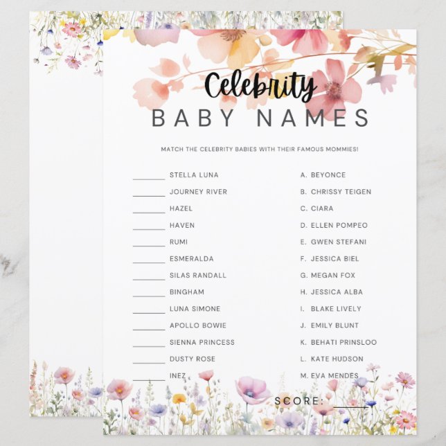 Baby Shower Spel Beroemde Babynamen Koppelen (Voorkant / Achterkant)
