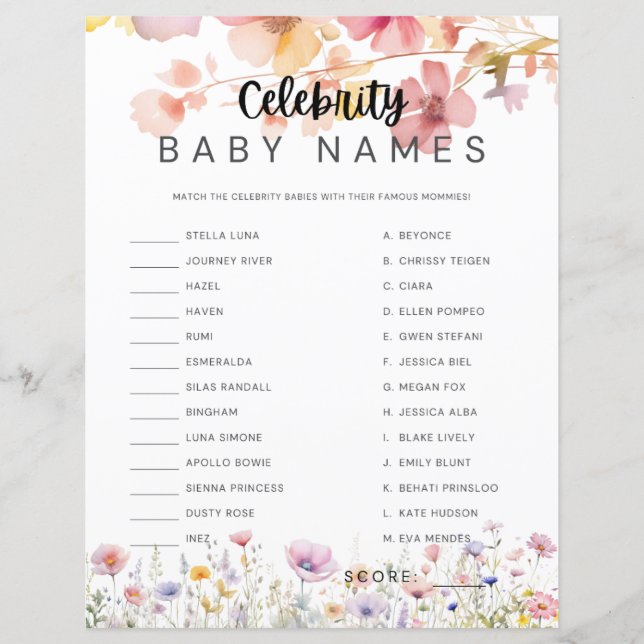 Baby shower Spel Beroemdheid Baby Namen Matching (Voorkant)