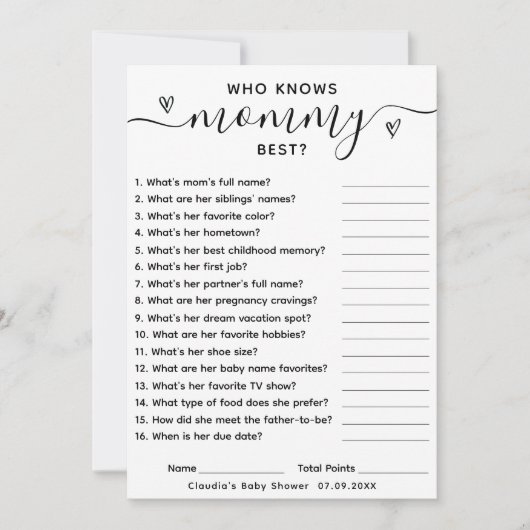 Baby shower spel die mama kent beste Kaart (Voorkant)