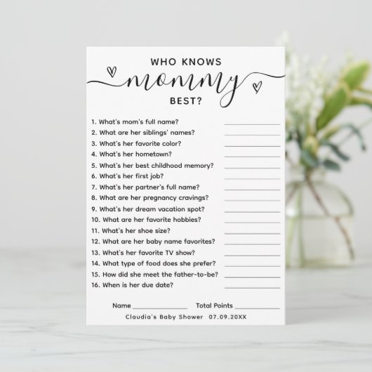Baby shower spel die mama kent beste Kaart (Staand voorkant)