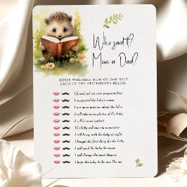 Baby shower spel Hedehog Wie zei het? Mam of pap? Kaart
