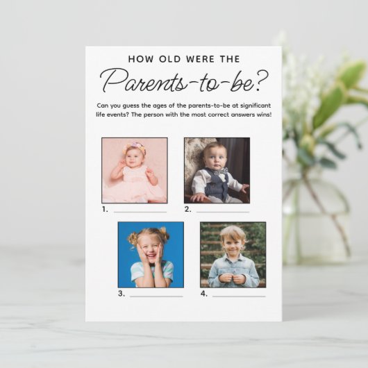 Baby shower spel Hoe oud waren ouders-to-be Kaart (Staand voorkant)