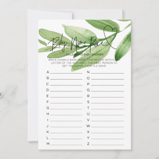 Baby Shower Spel Kaart Baby Naam Race (Voorkant)