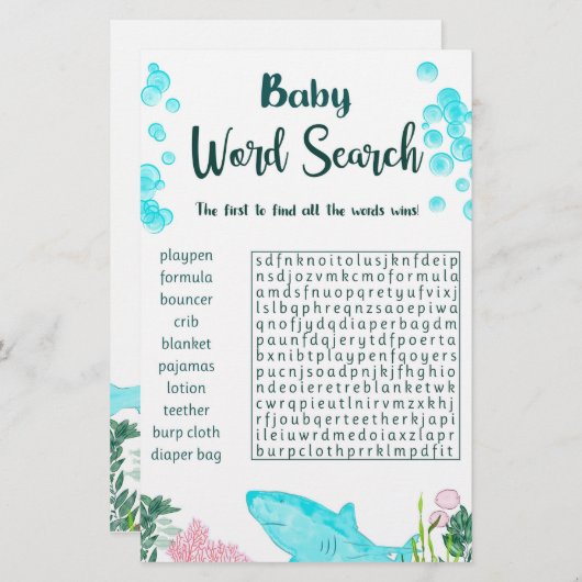 Baby shower spel Kaart woord zoeken (Voorkant / Achterkant)