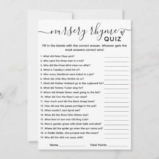 Baby shower Spel Kwekerij Rhyme Quiz Kaart (Voorkant)