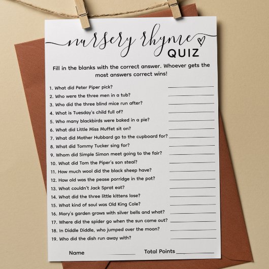 Baby shower Spel Kwekerij Rhyme Quiz Kaart