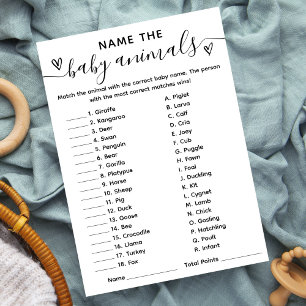 Baby shower spel naam de baby dieren Kaart