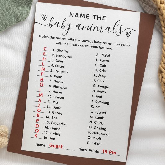 Baby shower spel naam de baby dieren Kaart