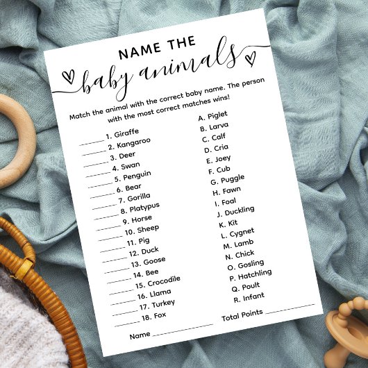 Baby shower spel naam de baby dieren Kaart