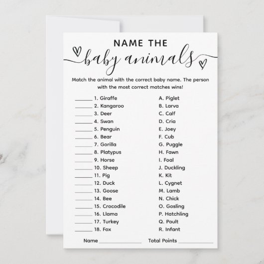 Baby shower spel naam de baby dieren Kaart (Voorkant)