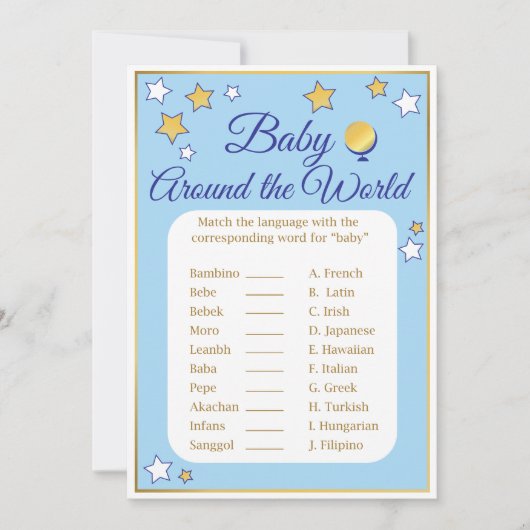 Baby shower spel rond de wereld Blue Gold Stars Kaart (Voorkant)