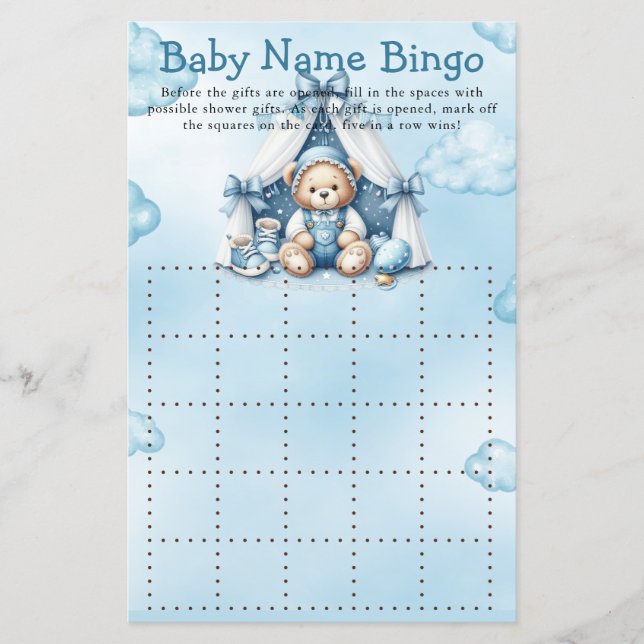 Baby shower Spel Teddy Bear In Tent Bingo (Voorkant)