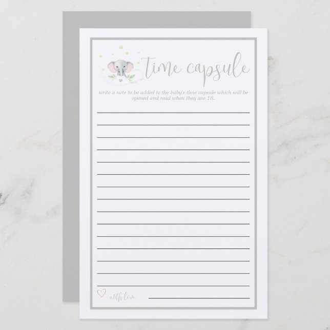 Baby shower spel tijd capsule olifant (Voorkant / Achterkant)