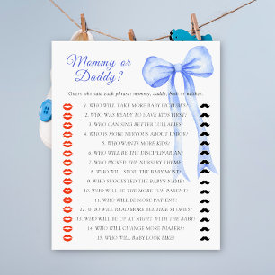 Baby shower spel voor mama of papa met blauwe stri