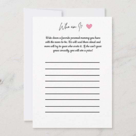 Baby shower spel - Wie ben ik? Kaart (Voorkant)