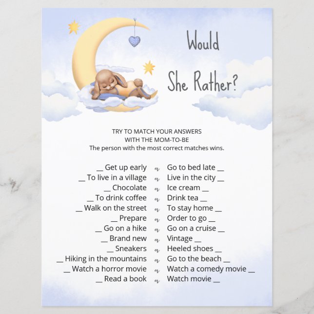 Baby shower spel "Zou ze liever?" (Voorkant)