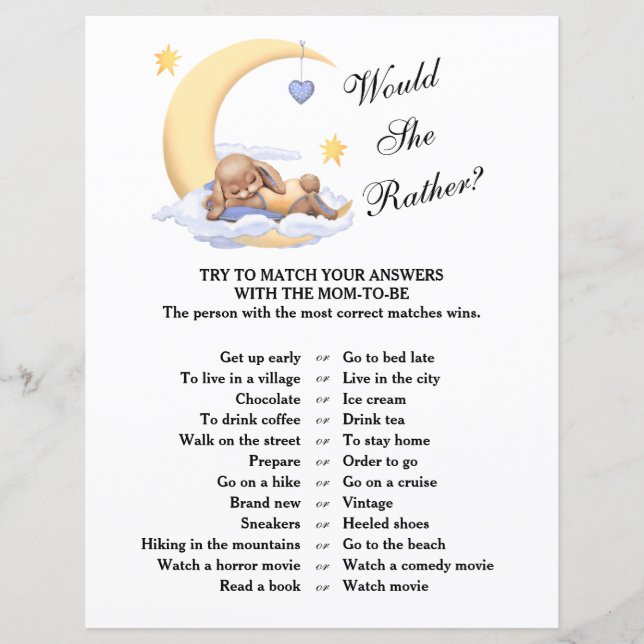 Baby shower spel "Zou ze liever?" (Voorkant)