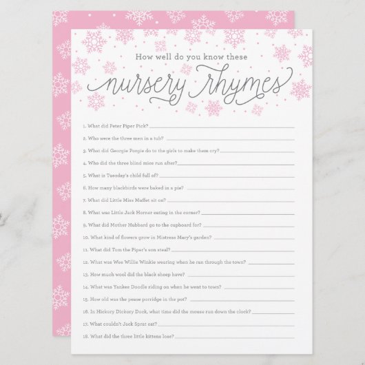 Baby shower spelkaartNursery Rhyme Game Snowflake Kaart (Voorkant / Achterkant)