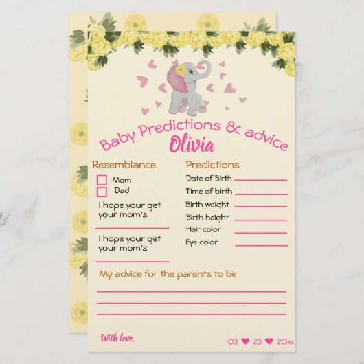 baby shower spelroze en grijze olifantenkaarten (Voorkant / Achterkant)