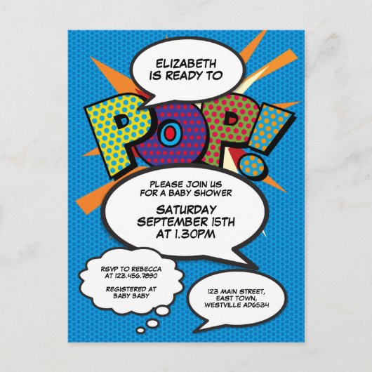 Baby shower Sprinkle Foto Modern Fun Comic Blue Uitnodiging Briefkaart (Voorkant)